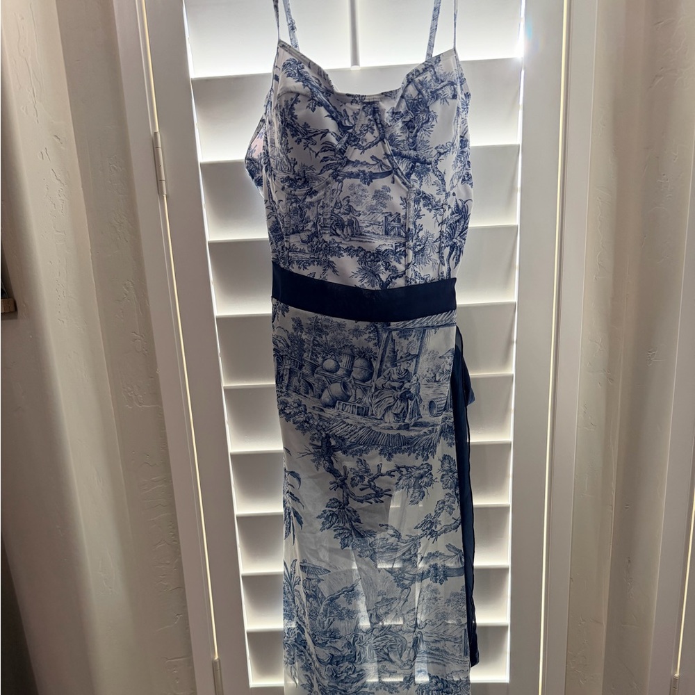 Blue and White Toile Print One Piece Swimsuit with matching cover up skirt